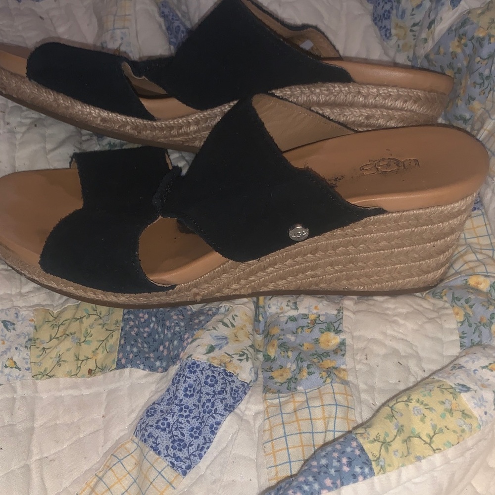 UGG Black Espadrille Wedge Slide Sandals